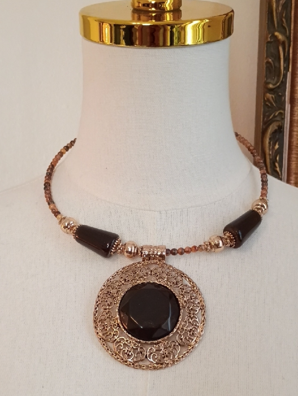 Gold Tone Filigree Pendant Necklace Brown Acrylic Beaded Statement